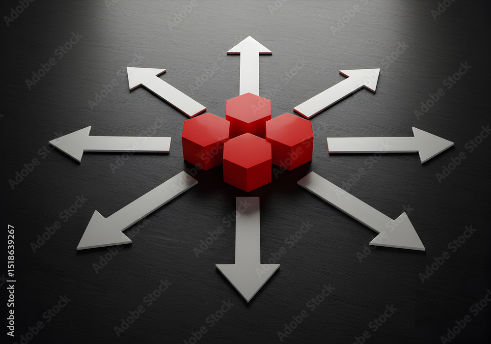 Poster business strategy concept red hexagons with arrows pointing in different directions on black backgro