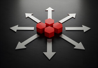 Business strategy concept red hexagons with arrows pointing in different directions on black background