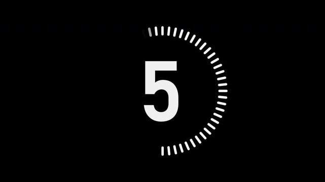 Countdown timer animation from 10 to 0 with a circular progress bar decreasing from full to empty. Clean, minimal design on a black background. Perfect for intros, breaks, or transitions.