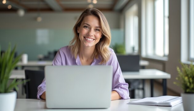 Smiling young woman uses laptop in office. Attractive female browse web on computer, looks at camera. Modern workplace, office interior. Brunette lady at desk, communicates happy, using tech.