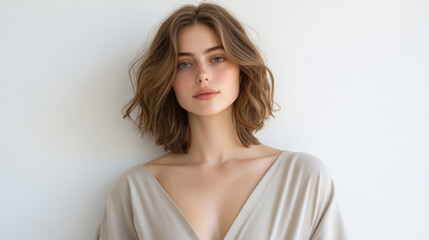Obraz premium A woman with soft wavy hair stands gracefully in front of a plain wall. She wears a light-colored outfit, exuding a calm and serene presence in natural daylight.