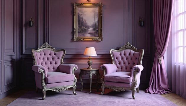 Luxurious gothic parlor interior design. Pastel purple, grey tones with velvet antique armchairs. Elegant details, ornate decor, creating romantic atmosphere. Ideal for interior design projects,