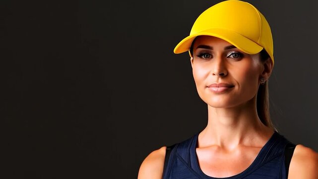 Woman wearing a bright yellow baseball cap and a navy blue tank top against a dark background