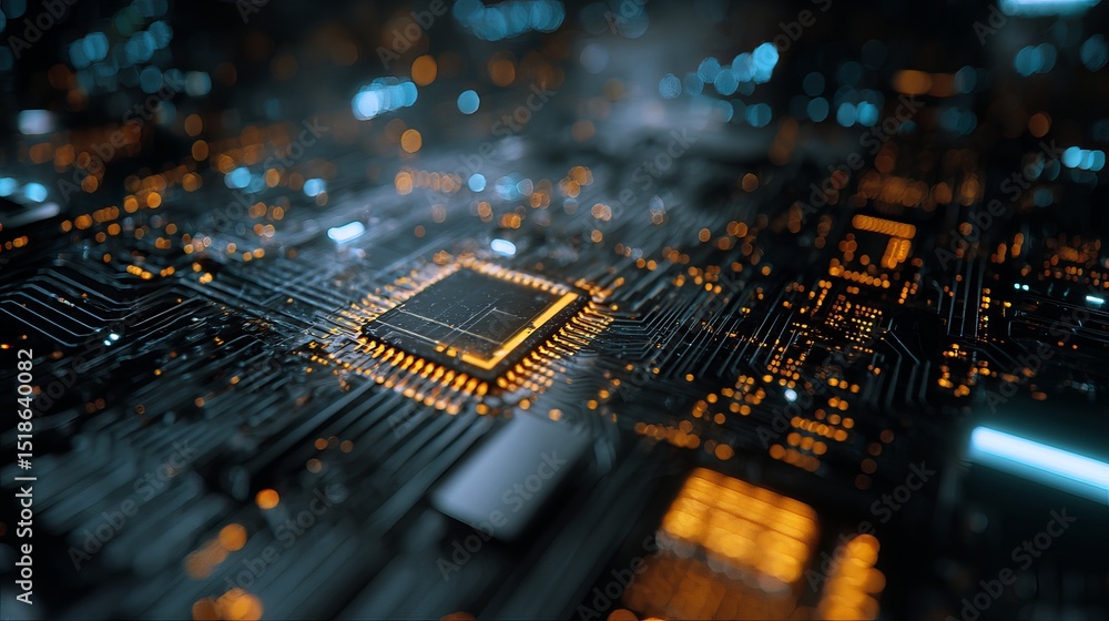 Poster abstract technology background digital circuit board microchip closeup glowing orange lines modern f