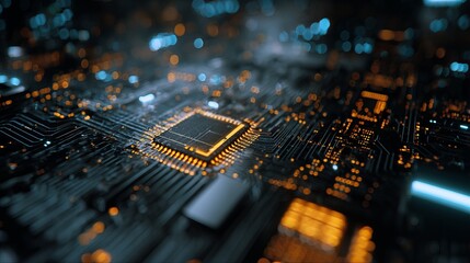 Abstract Technology Background Digital Circuit Board Microchip Closeup Glowing Orange Lines Modern Futuristic Design High Tech Electronic Hardware Innovation Computer    