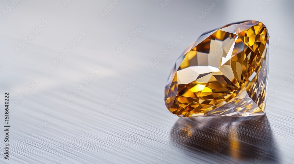 Poster a large orange crystal sits on a smooth metallic surface, capturing and reflecting light in brillian
