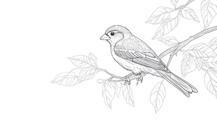 Bird perched on branch, artistic line drawing