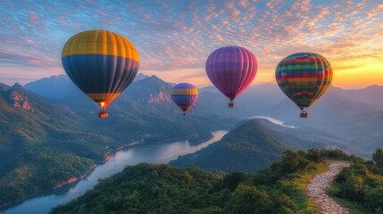 Naklejka premium Balloons soar over hills and a serene river