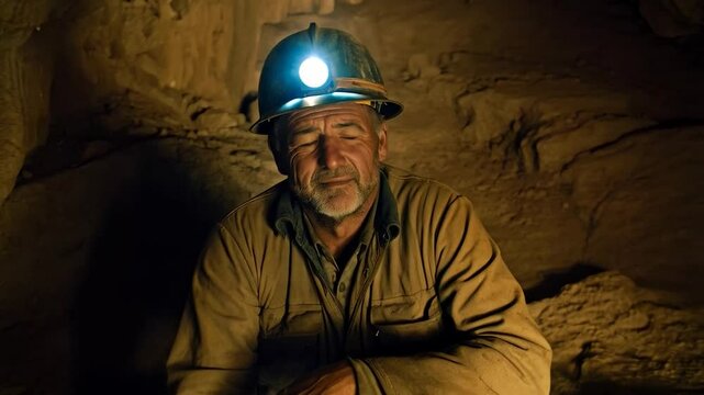 Mature man in a cave, wearing headlamp and work clothes