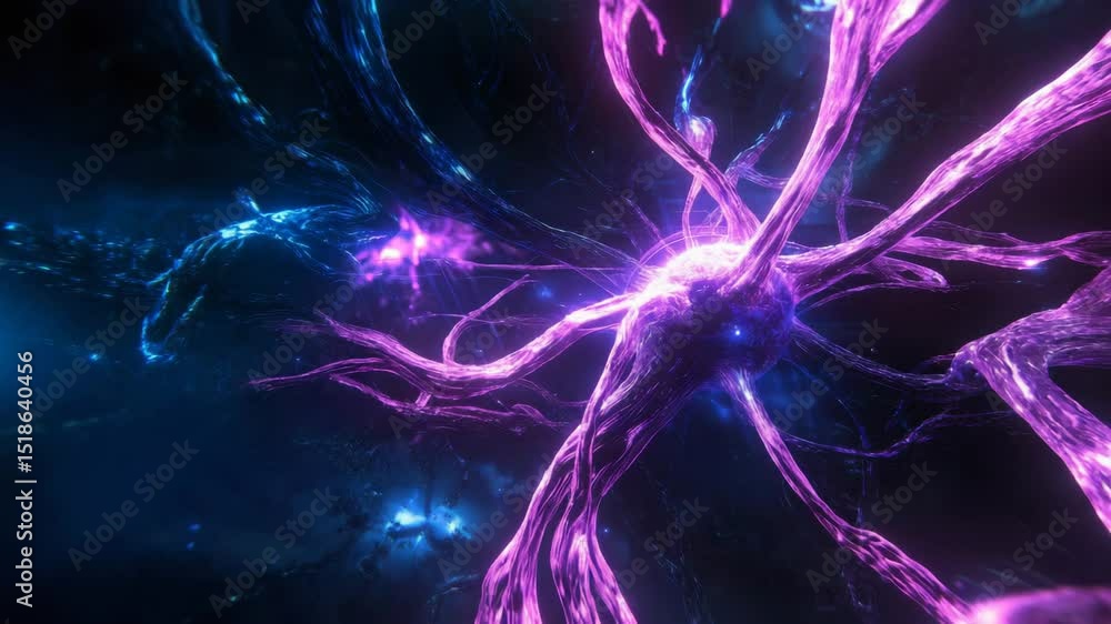 Aufkleber Abstract video visualization of artificial intelligence, glowing neural connections forming a complex digital network, deep blue and purple tones, futuristic cyber aesthetics.