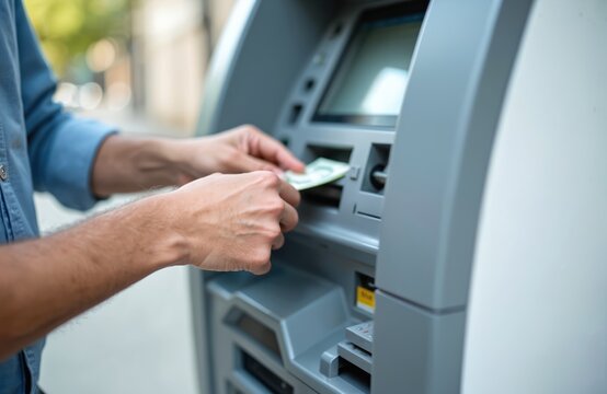 Man uses cash dispenser on city street. Close-up shot of hands taking money from ATM. Customer withdrawing cash from automated teller machine. Financial transaction concept.