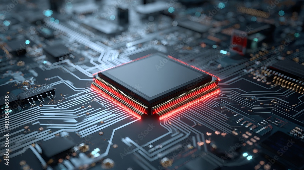 Poster high tech microchip circuit board technology digital red glowing processor powerful computer hardwar