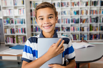 Tablet lying on library table with open notebooks and papers scattered, bookshelves behind