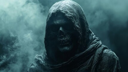 Eerie figure of a skeletal being in a tattered cloak, shrouded in mist, creating a haunting atmosphere for horror themes.