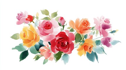 A vibrant watercolor painting capturing the beauty of blooming roses in full bloom evoking a sense of spring and floral
