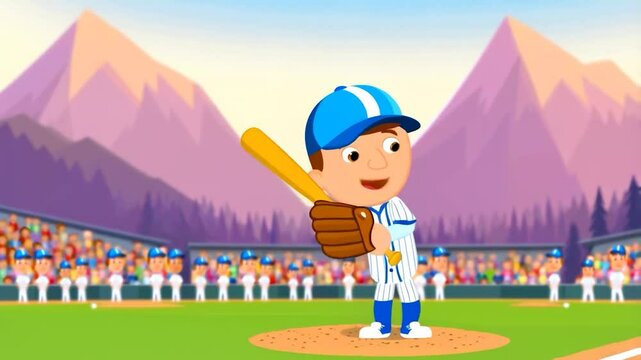 Cartoon baseball pitcher on a field with mountains in the background.  Large crowd of cartoon spectators in the stands
