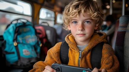 A young boy with curly blonde hair sits on a bus, holding a smartphone, with backpacks in the background, showcasing a moment of travel and adventure.