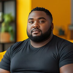 Confident portrait of a man in a black t-shirt, seated in a bright environment with a warm yellow background, exuding self-assuredness and charm.