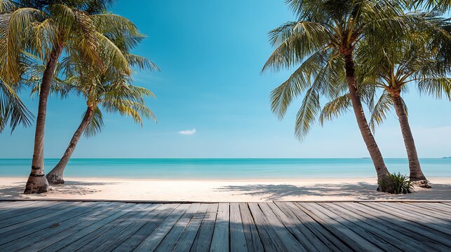 Vibrant photo of tranquil beach scene on a sunny day with palm trees and a wooden walkway ideal for a horizontal banner with copy space image.