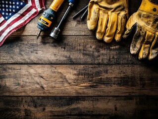 American labor day: tools, gloves, and flag on rustic wood background - celebrating american workers and craftsmanship