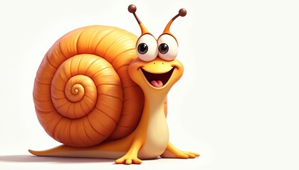 Cheerful cartoon snail with vibrant orange shell. Expressive eyes, big smile, happy face. Playful, whimsical character illustration on white background. Funny snail illustration. Cute design for