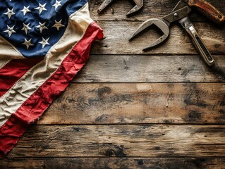 Labor day background: weathered american flag & vintage tools on rustic wood