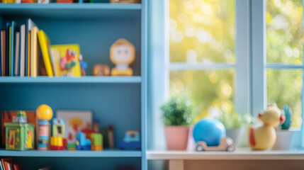 Fototapeta premium A blurred view of a lively children bedroom showcases a bright bookshelf full of toys and books, encouraging fun and creativity