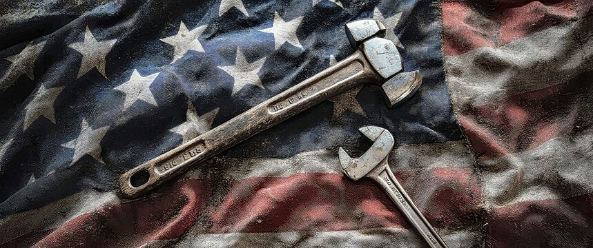 American labor day: worn tools on a faded flag - a patriotism & hard work tribute