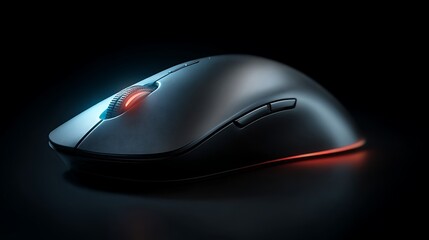 Vibrant photo of wireless gaming mouse smooth surface sleek curves minimal design subtle lighting dark background.