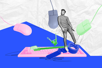 Template sketch image composite artwork collage of workspace office job manager human resources young man stand retro mouth pen skotch