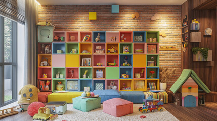 A child's room is brightened by colorful shelves set against a textured brick wall, adding vibrancy to the space. 