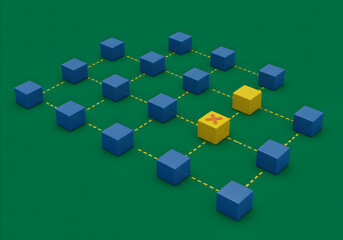 Blockchain network concept with blue and yellow cubes connected by dotted lines on green background