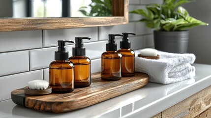 Bathroom items on a counter with nice decorations