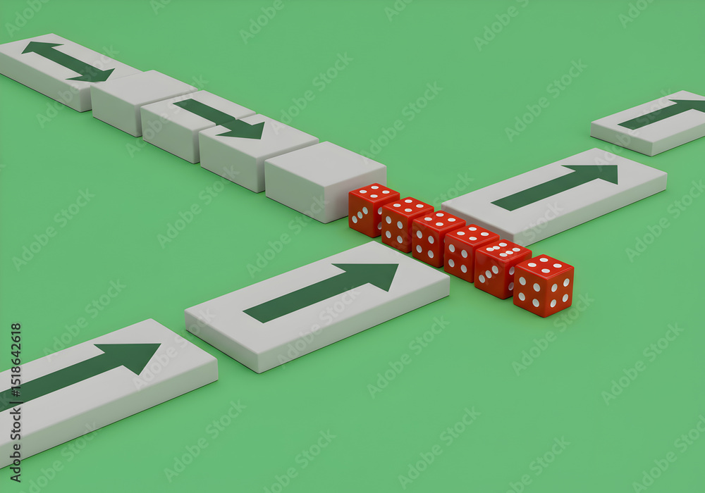 Poster dice and arrows concept showing different paths and choices for business strategy and decisions