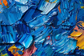Photo of Many rough blue smears of acrylic oil paint on flat surface. Background texture for backdrops or mapping