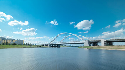 Obraz premium Astana, Kazakhstan. View from Pleasure boat on the river Ishim timelapse hyperlapse drivelapse in Astana.
