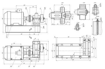 Assembly drawing of electrical reducer.
Design of steel mechanical device with shaft, worm gear, electric engine, bolt connection, dimension lines. Engineering technic cad scheme with cross section.