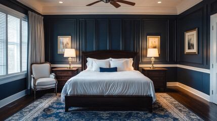 A contemporary master bedroom is styled with deep blue walls, a centrally placed bed, and symmetrical nightstands with matching lamps