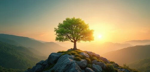 Lonely tree stands on rock hill sunrise. Sunlight breaks through clouds. Green tree nature landscape concept. Eco travel, earth day, environment, green world growth.
