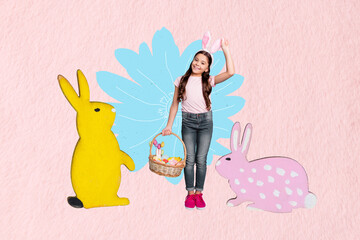 3D collage design trend sketch of cake rabbit young girl schoolage stand hold basket eggs seasonal...