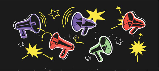 Halftone collage colorful cutouts of megaphones. Set of retro halftone design elements.  Pop art dotted loudspeaker, sale icon. Vector illustration.