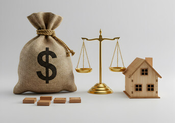 Real estate investment property value balance scale money bag home buying selling market analysis