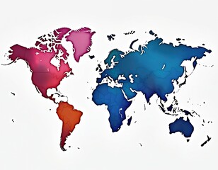 Watercolor world map, striking blue, pink hues against white. Countries continents outlined for travel, education, geo exploration. Global design, visual tool for geography, art, decor.