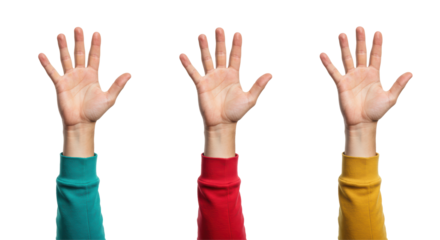 Isolated Three Hands Raised in Different Colored Sleeves