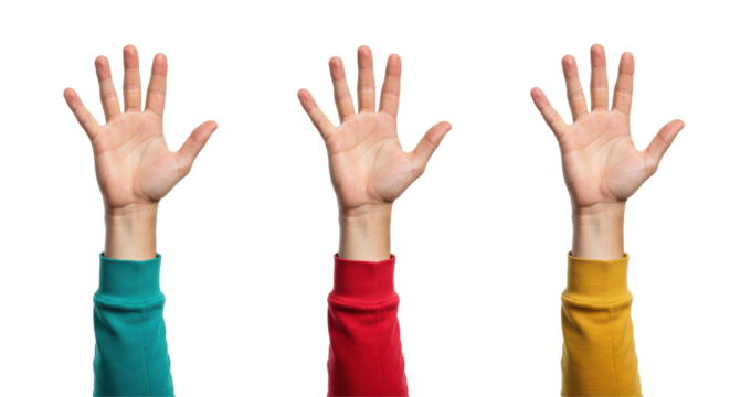 Isolated Three Hands Raised in Different Colored Sleeves