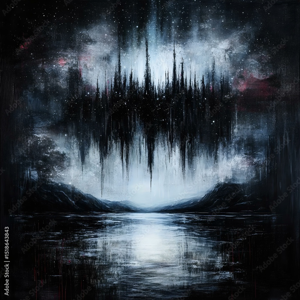 Wall mural a mesmerizing abstract landscape with sharp vertical spikes against a cosmic backdrop, reflecting in