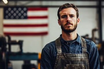Portrait of a confident american craftsman: hardworking and skilled metalworker in his workshop with american flag in background