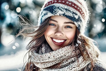 Stunning winter portrait: young woman in knitted hat and scarf, smiling radiantly in snowy landscape.  a captivating image showcasing beauty, winter fashion, and joyful spirit.
