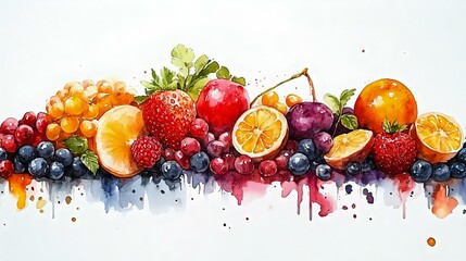 Colorful watercolor illustration of fresh fruits including strawberries, oranges, and blueberries, showcasing vibrant textures and natural beauty.