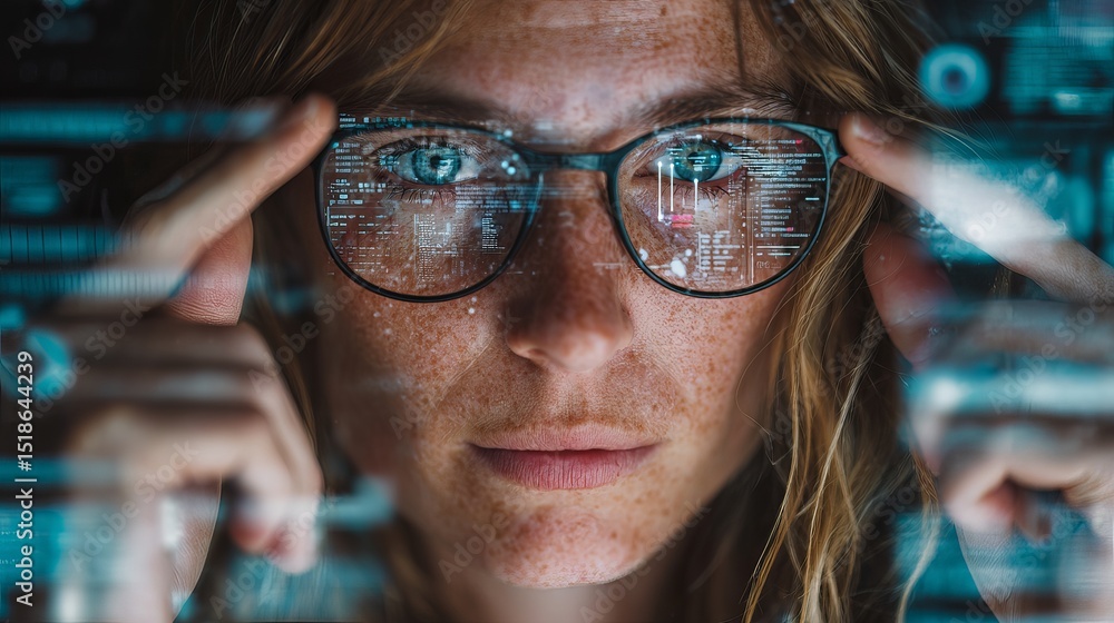 Poster focused woman programmer coding software digital data screen technology glasses modern female develo